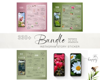 Pacote com mais de 330 figurinhas para Stories do Instagram, incluindo 10 figurinhas XXL básicas de primavera, jardim, flores, Páscoa, amor e natureza. Imagens digitais em PNG.