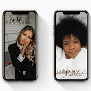 May include: Two images of phone screens with text overlays. The first image shows a woman wearing glasses and a black jacket. The text overlay says "hello new week". The second image shows a woman with curly hair wearing a white sweater. The text overlay says "happy weekend".