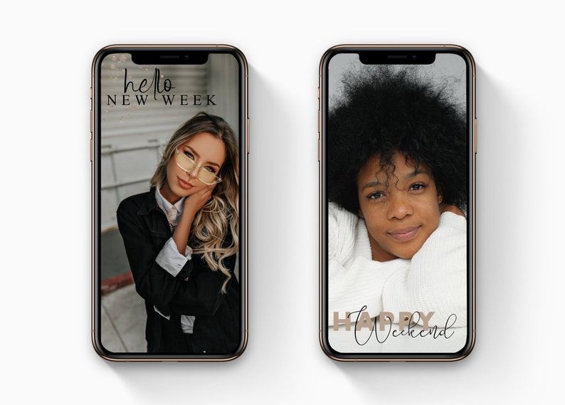May include: Two images of phone screens with text overlays. The first image shows a woman wearing glasses and a black jacket. The text overlay says "hello new week". The second image shows a woman with curly hair wearing a white sweater. The text overlay says "happy weekend".