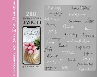 Mais de 280 adesivos para histórias do Instagram, edição básica diária XXL, palavras, adesivos para histórias em preto e branco, letras do dia a dia em inglês png digital