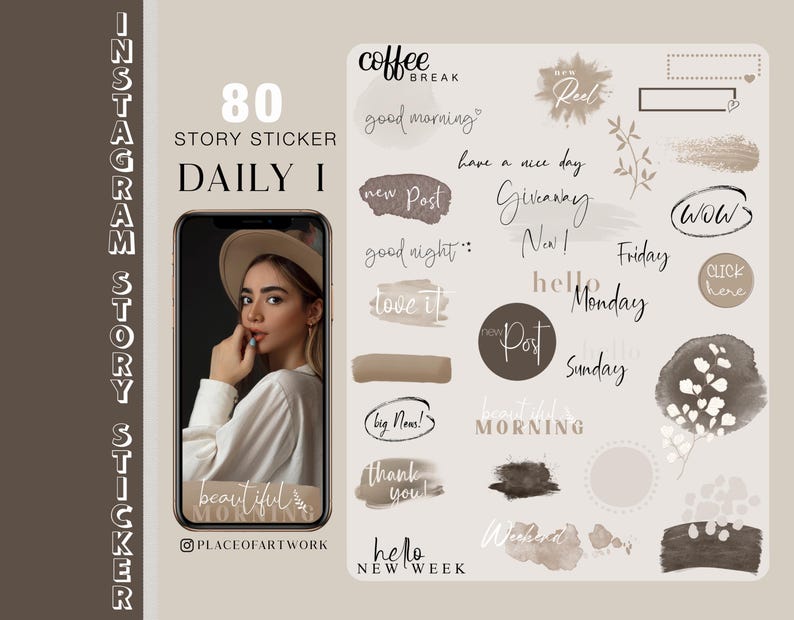 80 Instagram Story Stickers Daily everyday Basic weekdays brushstrokes good morning everyday beige clipart link Frames png image 1