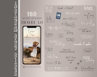 Mais de 160 adesivos para histórias do Instagram, viagens, viagens, explorar, sentimento tropical, praia, areia, oceano, férias, verão, pincéis, clipart, adesivos digitais png