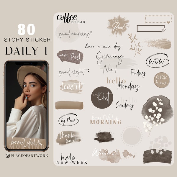 80 Instagram Story Sticker Daily everyday Basic weekdays brushstrokes good morning Alltag beige clipart link Frames png