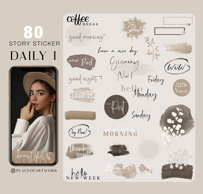 80 Instagram Story Sticker Daily everyday Basic weekdays brushstrokes good morning Alltag beige clipart link Frames png Bild 1