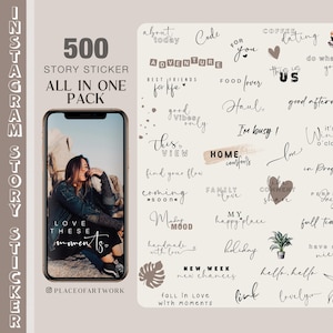 Más de 500 pegatinas para historias de Instagram, todo en un solo paquete xxl. Pinceladas básicas para diario, días de la semana, buenos días, beige, clipart, enlace, marcos png.