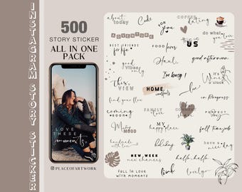 Mais de 500 figurinhas para Stories do Instagram em um único pacote XXL. Estilos básicos para o dia a dia, pinceladas, bom dia, tons bege, clipart, link, molduras PNG.