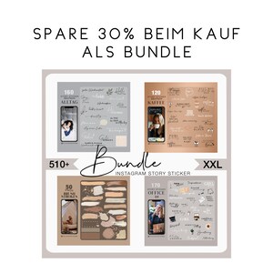 May include: A bundle of Instagram story stickers with various designs. The image includes stickers with text, photos, and graphic elements. The text "SPARE 30% BEIM KAUF ALS BUNDLE" is at the top. The bundle includes 510+ stickers.