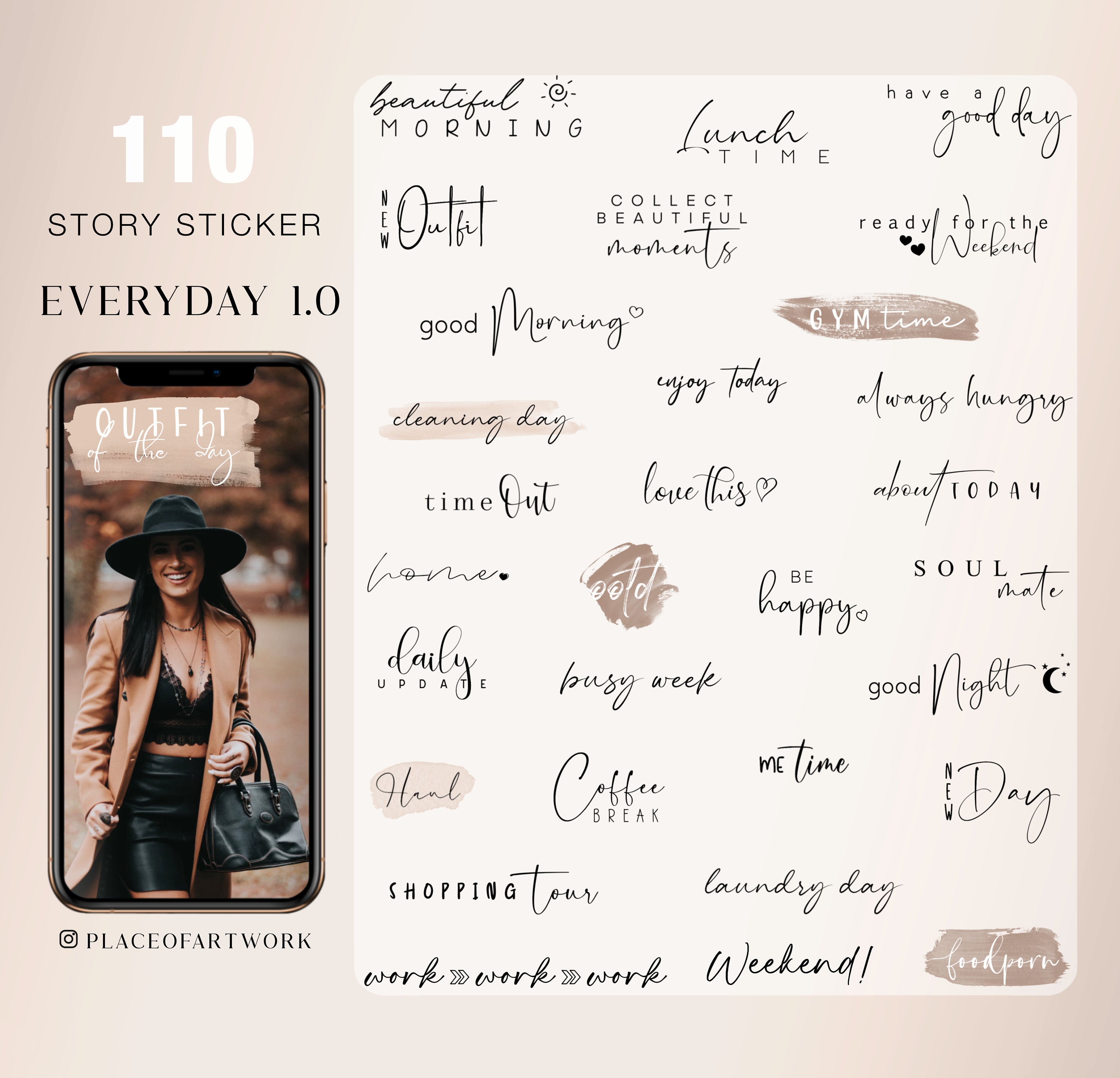 110+ Instagram Story Stickers everyday Basic Daily Weekdays words good Morning everyday beige clipart digital png