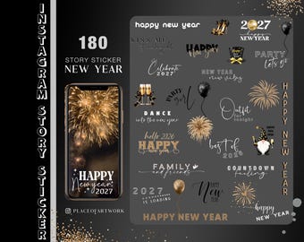 Mais de 180 figurinhas para Stories do Instagram: Ano Novo 2027, Adeus 2026, Melhores de 2026, Véspera de Ano Novo, Ano Novo Diário, Pinceladas Básicas, clipart PNG