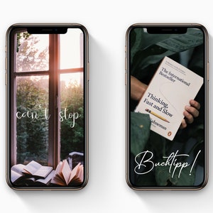 Może przedstawiać: Dwa ekrany iPhone'a z r&oacute;żnymi tłami. Ekran po lewej stronie pokazuje okno z widokiem na drzewa i tekst "can't stop". Ekran po prawej stronie pokazuje rękę trzymającą książkę zatytułowaną "Thinking, Fast and Slow" z tekstem "Buchtipp!" na ekranie.