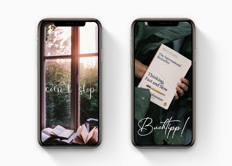 Może przedstawiać: Dwa ekrany iPhone'a z r&oacute;żnymi tłami. Ekran po lewej stronie pokazuje okno z widokiem na drzewa i tekst "can't stop". Ekran po prawej stronie pokazuje rękę trzymającą książkę zatytułowaną "Thinking, Fast and Slow" z tekstem "Buchtipp!" na ekranie.