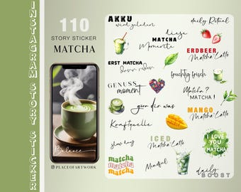 Mais de 110 figurinhas para Stories do Instagram com tema de Matcha Latte e Morango para um dia tranquilo e relaxante (imagem PNG).