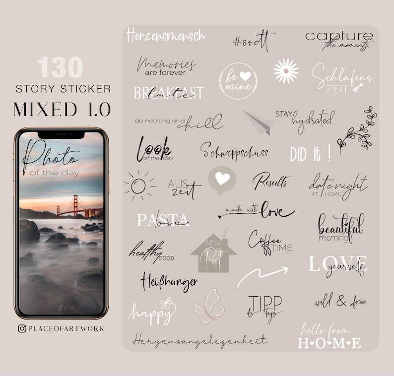 130 Instagram Story Stickers xxl Edition Mixed Basic Daily Mix Bundle Elements Lettering Storysticker family love png image 1