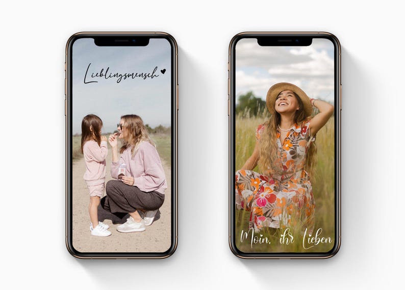 May include: Two images of phone screens. The first image shows two people, one adult and one child, standing in a field. The adult is wearing a pink sweater and black pants. The child is wearing a pink sweater and white pants. The text "Lieblingsmensch" is written on the screen. The second image shows a person sitting in a field of tall grass. The person is wearing a floral dress and a straw hat. The text "Moin, ihr Lieben" is written on the screen.