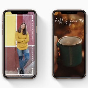 May include: Two smartphones displaying images. One shows a woman in a yellow sweater and jeans with the text "Guten Morgen" in a white frame. The other shows a hand holding a teal mug with the text "habt's fein".