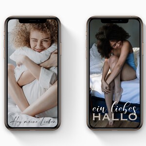 May include: Two smartphones displaying images of women. One woman is hugging a pillow, the other is sitting on a bed. Text on the phones reads "Hey meine Lieben" and "ein liebes HALLO". The phones have gold-colored frames.