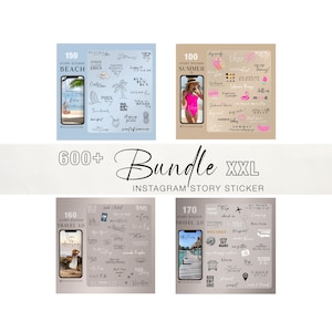 May include: A bundle of over 600 Instagram story stickers. The image features four different sticker sets with themes of beach, summer, travel, and adventure. Each set includes a phone mockup with related graphics and text.
