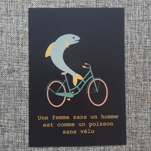 Feministische Postkarte - "Eine Frau ohne Mann ist wie ein Fisch ohne Fahrrad" - Blau