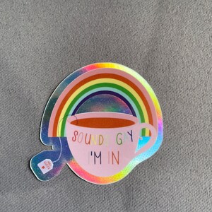 May include: A holographic sticker featuring a pink teacup with the text "SOUNDS GAY I'M IN" in colorful letters. A rainbow arches over the teacup. A small tea bag with the text "TEA QUEER" is attached to the cup.