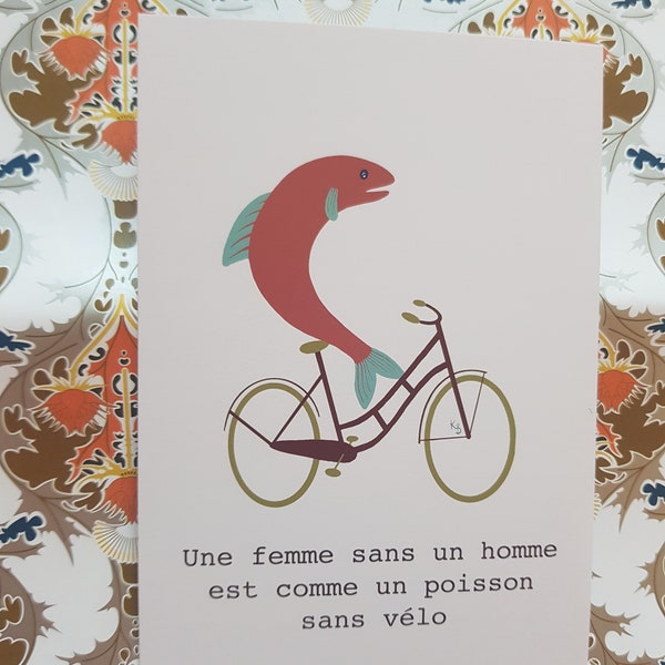 Feministische Postkarte - "Eine Frau ohne Mann ist wie ein Fisch ohne Fahrrad" - Rosa