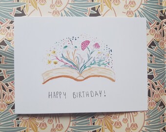 Postkarte "Happy Birthday" - Blühendes Buch - Aquarell Illustration