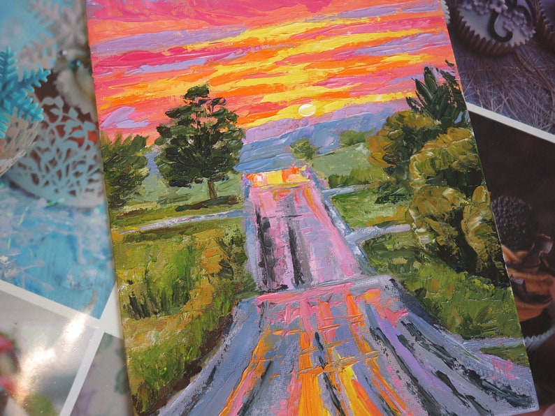 Road Painting Original Art Sunset Landscape Oil Artwork Road Wall Art Impasto Fine Art 9.4 7 by Elena Menshikova