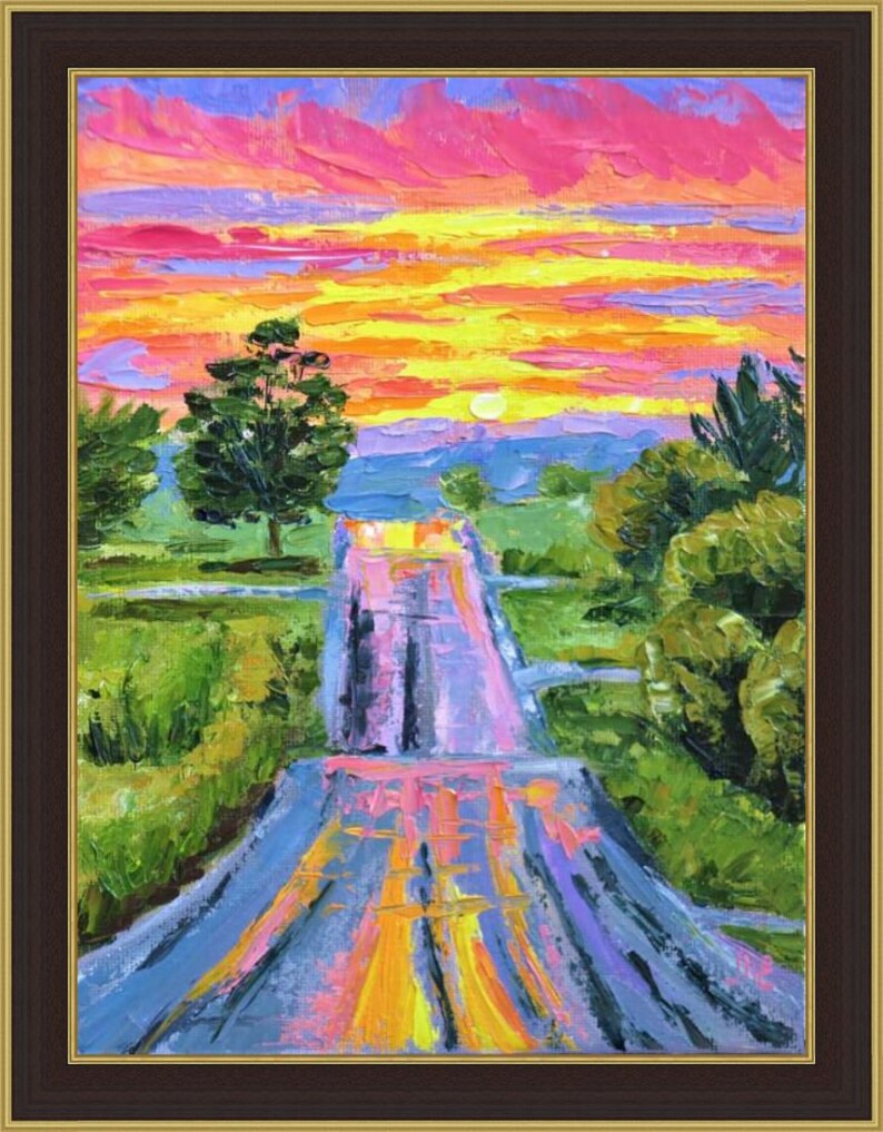 Road Painting Original Art Sunset Landscape Oil Artwork Road Wall Art Impasto Fine Art 9.4 7 by Elena Menshikova