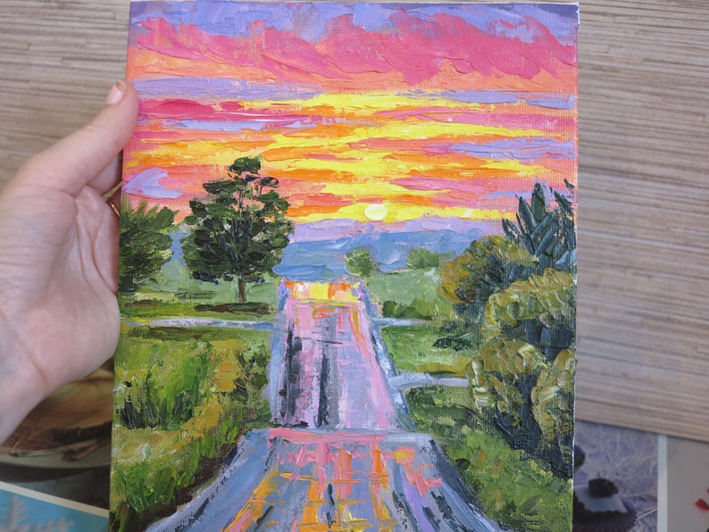 Road Painting Original Art Sunset Landscape Oil Artwork Road Wall Art Impasto Fine Art 9.4 7 by Elena Menshikova