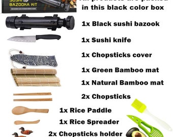 All in One DIY Sushi Making Kit Bazooka Maker Roller Machine Sushi Knife  Bamboo Mats Avocado Slicer Chopsticks Holder Paddle Spreader Device 