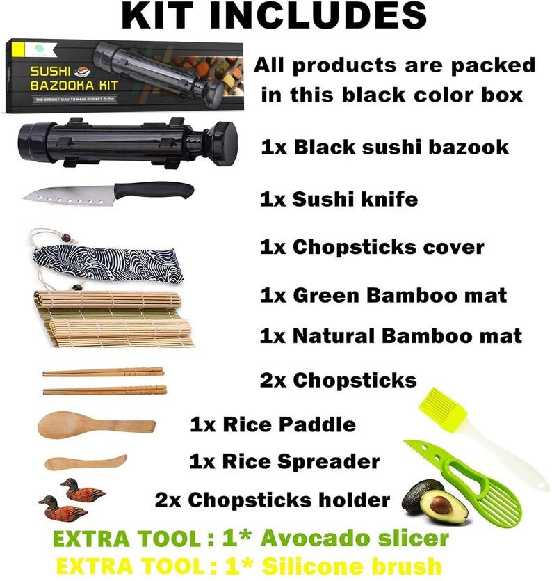 All in One DIY Sushi Making Kit Bazooka Maker Roller Machine Sushi Knife  Bamboo Mats Avocado Slicer Chopsticks Holder Paddle Spreader Device 