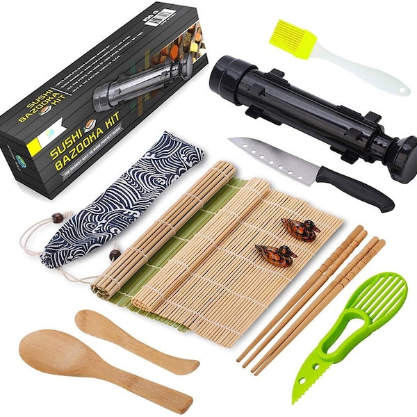 All In One DIY Sushi Making Kit Bazooka Maker Roller Machine Sushi Knife Bamboo Mats Avocado Slicer Chopsticks Holder Paddle Spreader Device