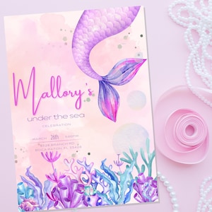 Mermaid Tail Girls Birthday Party Invitation Digital File Template - Little Girls Birthday  Party Invitation