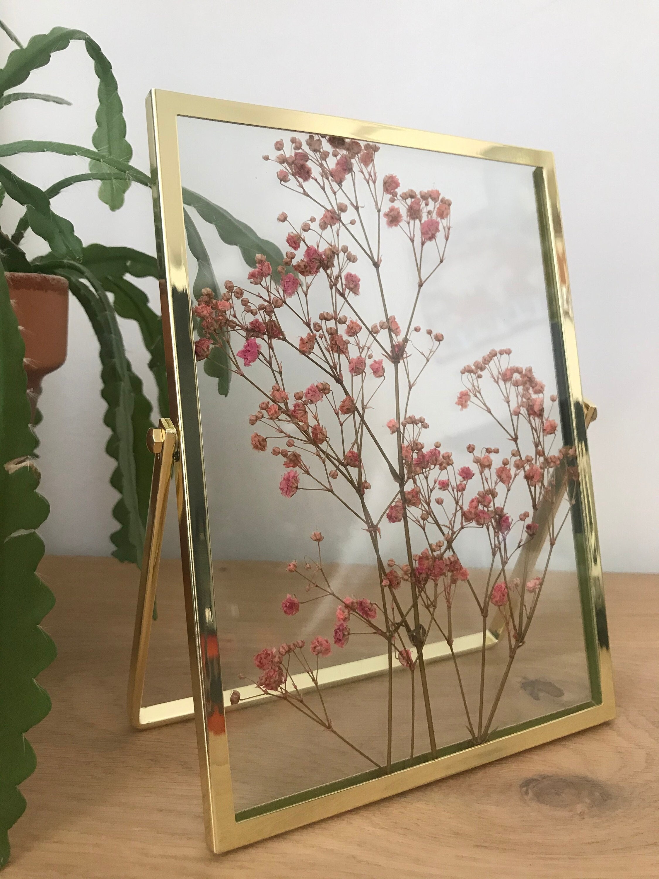 Cadre Métal Dorée et Fleurs Séchées Stabilisées Gypsophile Rose