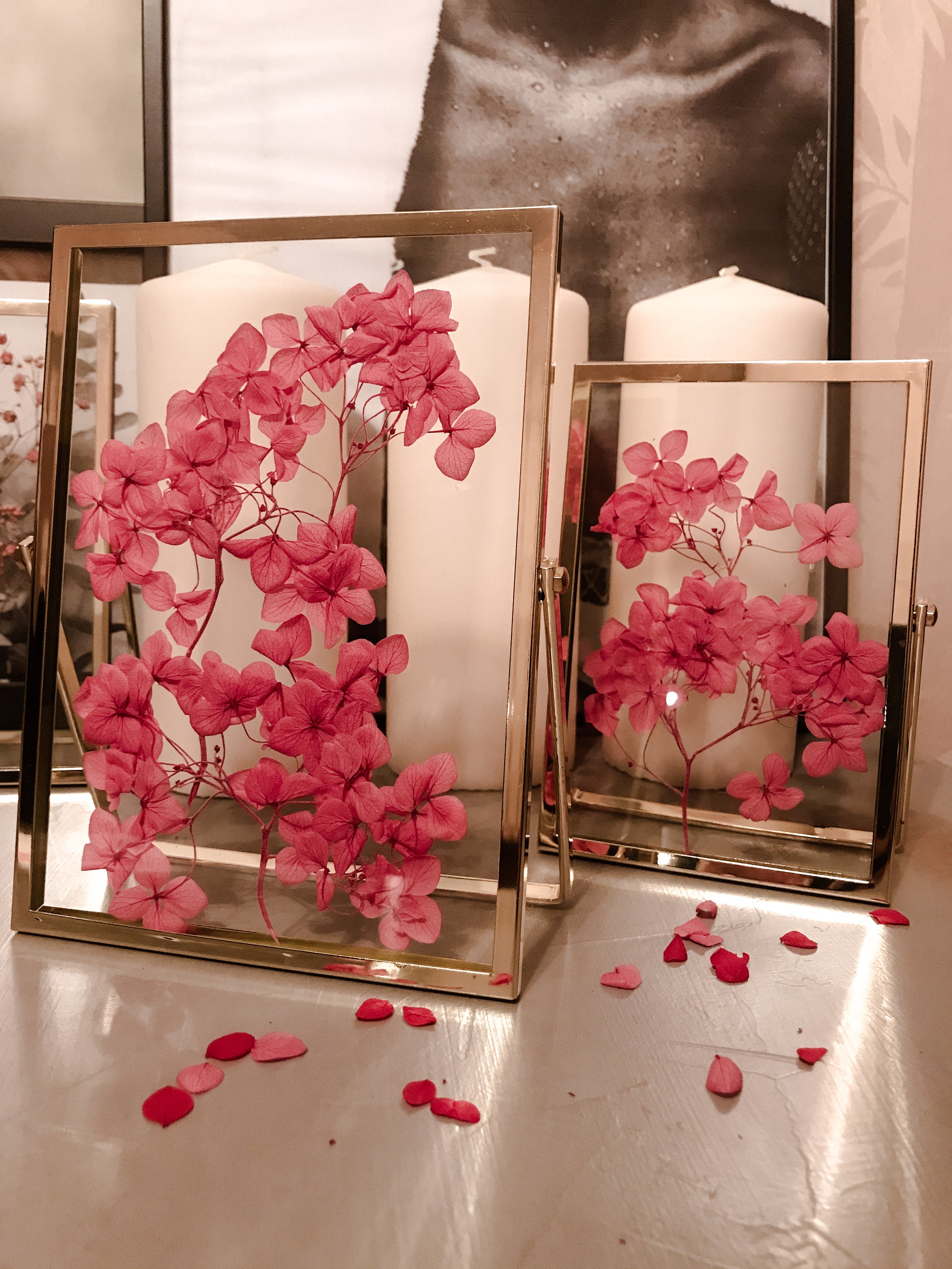 Cadre Métal Dorée Hortensia Rose