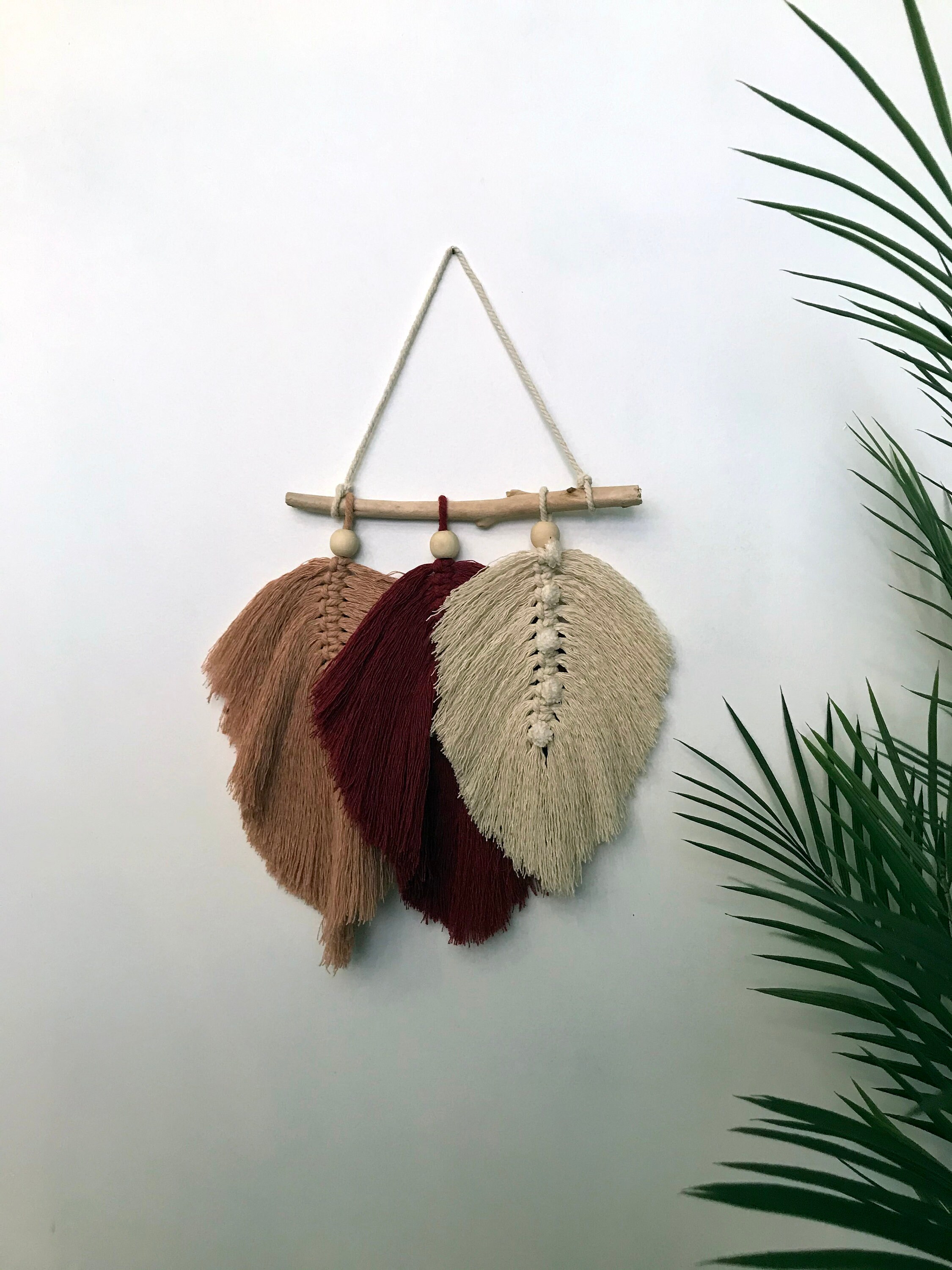 Bois Flotté Feuille, Plume Macramé et Fleurs Séchées Décoration Murale Suspension