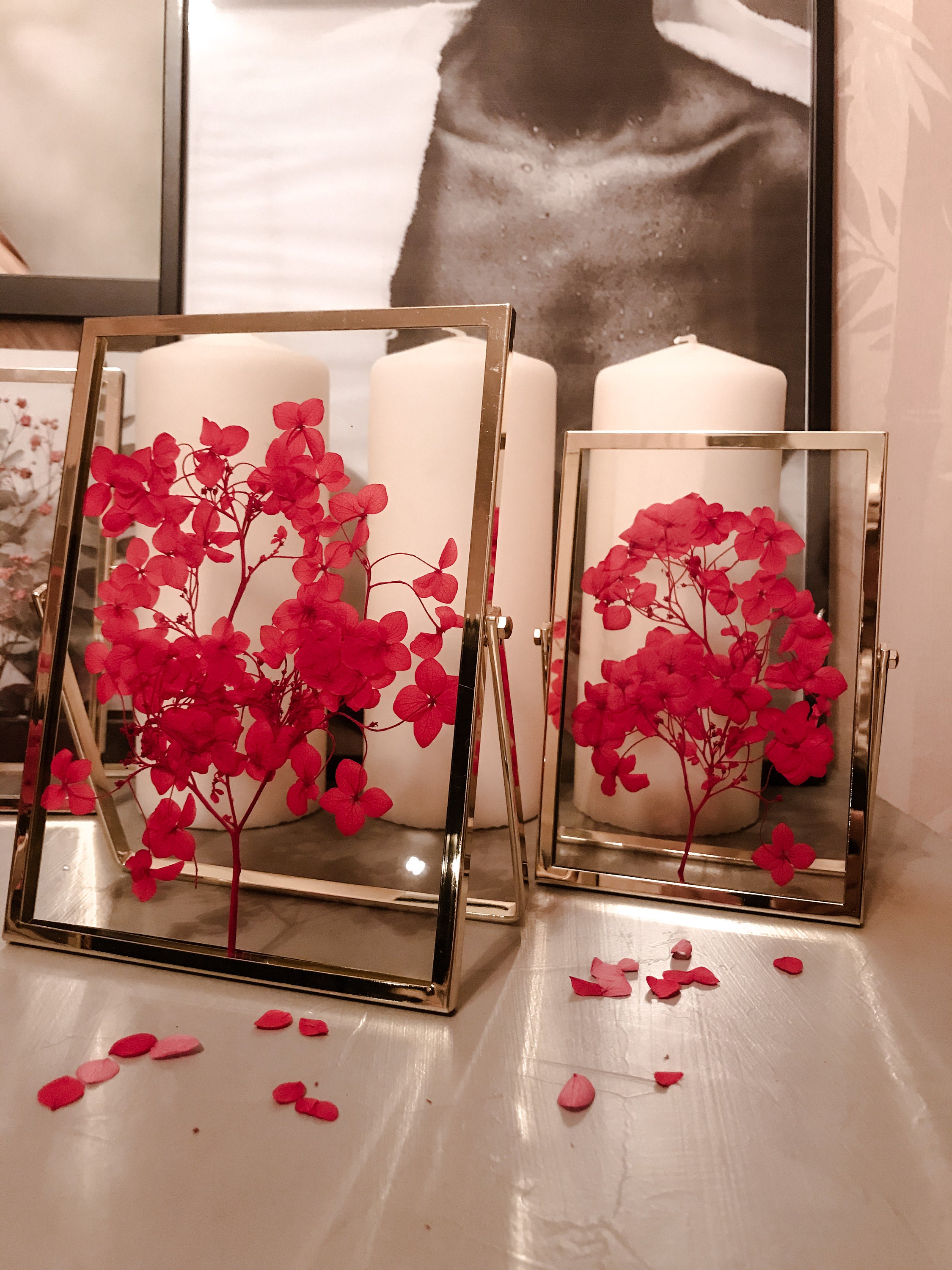 Cadre Métal Dorée Hortensia Rouge