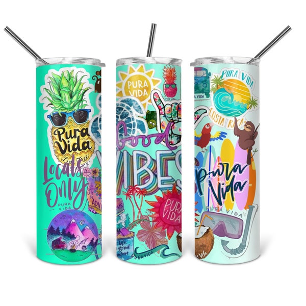 Pura Vida light blue collage sticker 20oz Skinny Tumbler Template, Sublimation, Waterslide, Clipart ,PNG Digital Download