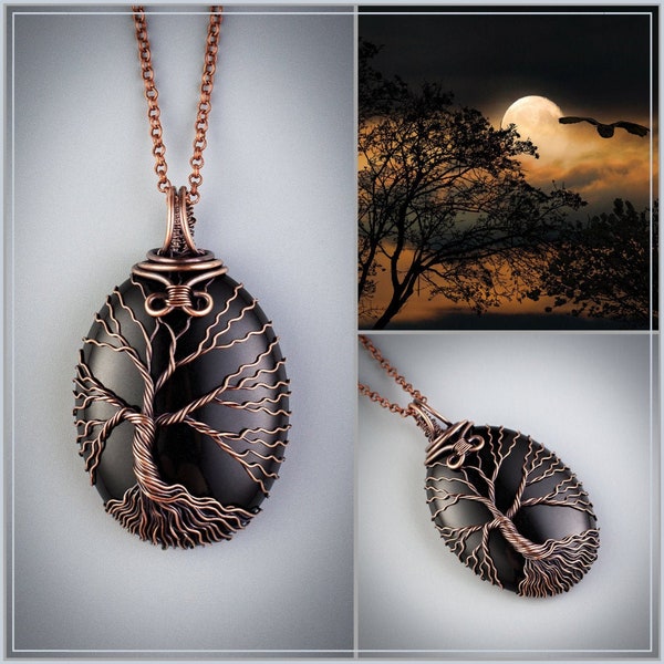 Mystic black onyx pendant copper jewelry tree of life necklace unique gifts for men and women handmade gifts for wife and husband birthday