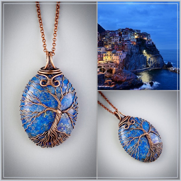 Tree of life pendant lapis lazuli necklace spiritual jewelry copper anniversary gifts for wife and husband gift idea