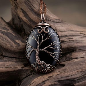 7th & 22nd anniversary gifts for men and women - Copper and onyx necklace - Meaningful tree of life pendant - Spiritual gemstone jewelry