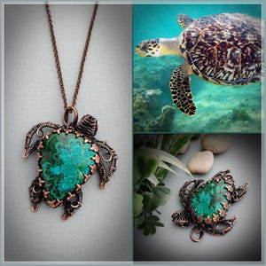 May include: Copper wire pendant necklace in the shape of a turtle, featuring a turquoise stone center. The necklace is displayed with a photo of a sea turtle swimming underwater and a smaller pendant.