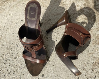 Vintage Christian Dior clogs/mules brown leather wood platform with logo front