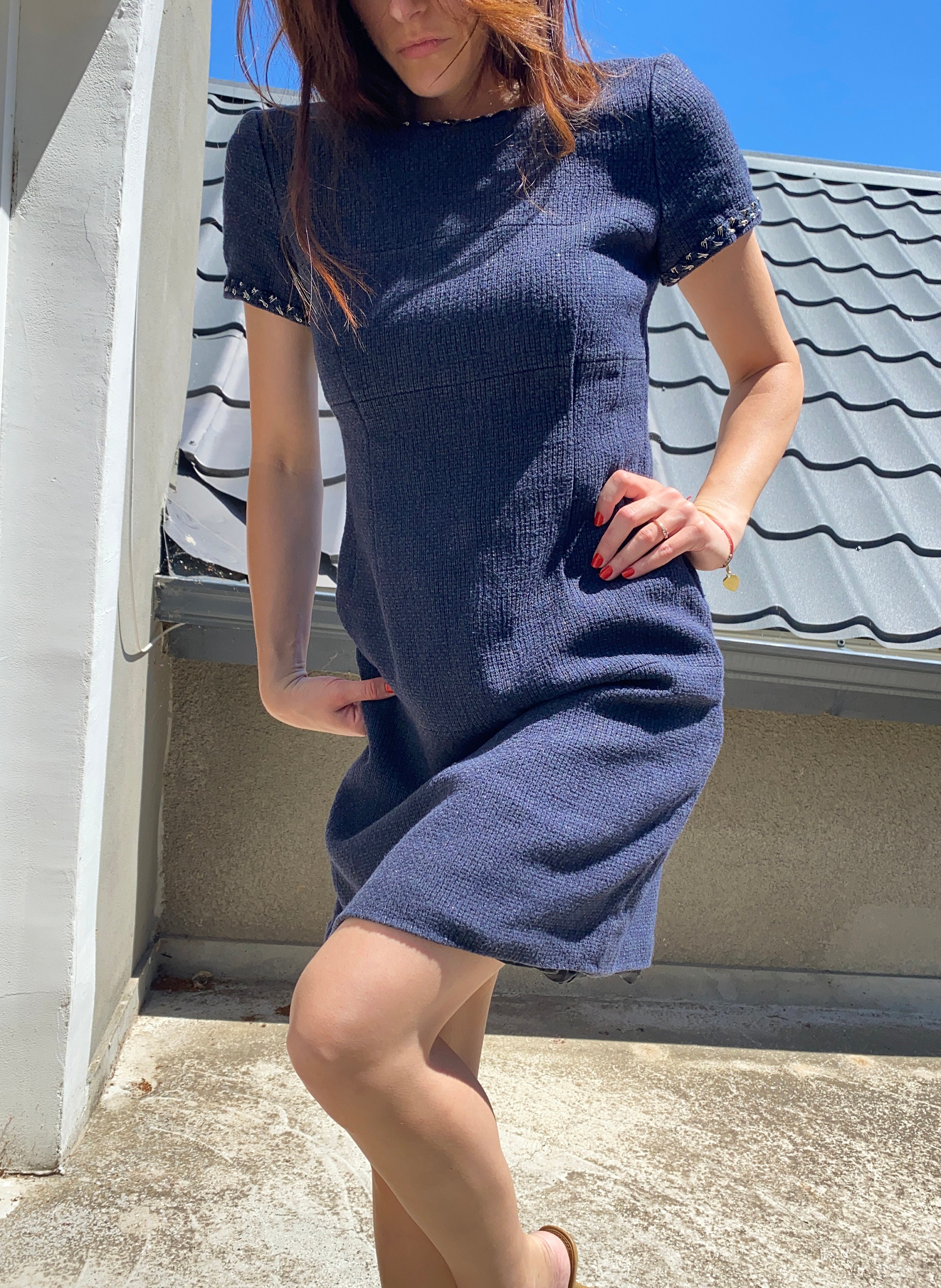 Pre-loved Chanel Uniform Dress in Blue Tweed 