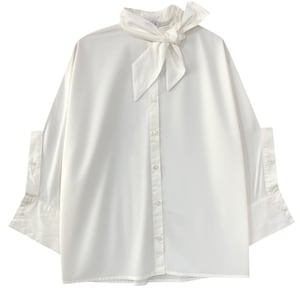 Puede incluir: Una camisa blanca con un distintivo cuello de lazo. La camisa de manga larga presenta puños abotonados y un diseño clásico. La corbata de lazo añade un toque de elegancia a la prenda blanca, sencilla y nítida.