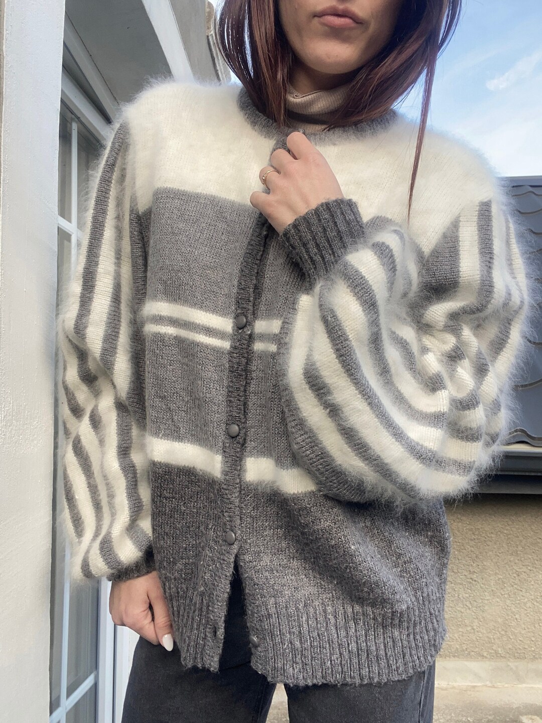 Preloved Basler Mohair Angora Wool Blend Cardigan Oversized Grey and