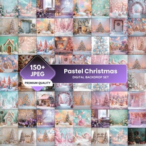 May include: A selection of pastel Christmas digital backdrops. The images showcase winter scenes with Christmas trees, houses, and decorations in soft pink, blue, and white tones. The set contains over 150 JPEG images.