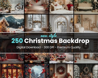 Puede incluir: Un collage de fondos digitales con temática navideña. Las imágenes presentan árboles de Navidad decorados, coronas, interiores acogedores y escenas nevadas al aire libre. El texto dice "250 Christmas Backdrop" y "Digital Download - 300 DPI - Premium Quality."