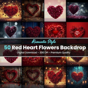 50 Red Heart Flowers Arch Stage Backdrops,Valentine's Day Rustic Digital Backdrop, Romantic Fine Art Textures, Lovely Maternity Photography