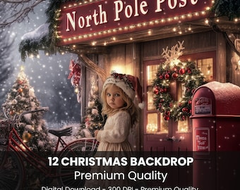May include: A festive Christmas scene featuring a young child in a Santa hat standing in front of a building with a "North Pole Post" sign. A red bicycle and Christmas tree are visible. The image includes the text "12 CHRISTMAS BACKDROP Premium Quality".
