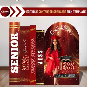 Peut inclure: Un modèle de panneau de graduation rouge et or avec le texte "SENIOR", "2025 Graduate", "CLASS OF 2025" et "JESS". Le panneau présente une photo d'une diplômée en robe et chapeau rouges, avec les mots "Félicitations" et "ROSA AGUADO HIGH SCHOOL Class of 2025".